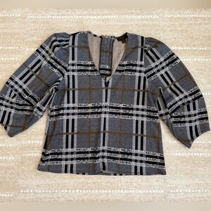 Current/Elliott Checkered V-Neck Top in Black and Gray